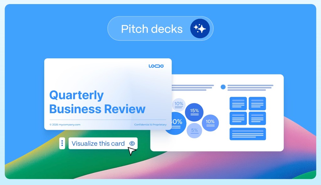 Gamma pitch deck example — Quarterly Business Review title card with Visualize this card AI control